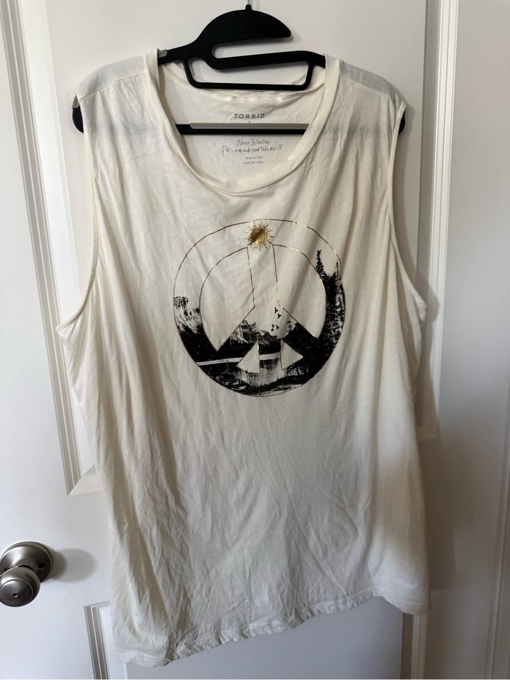 torrid Cream Graphic Peace Muscle Tank with Black & Gold Print